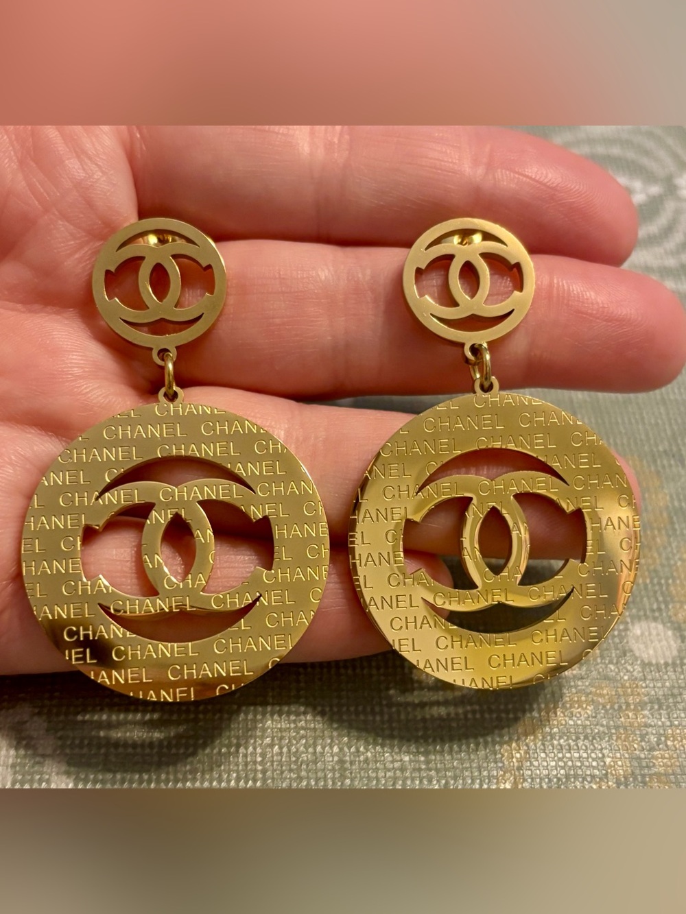 Brand New !!  Gold Logo Drop Earrings with Repeating Engraved Signature